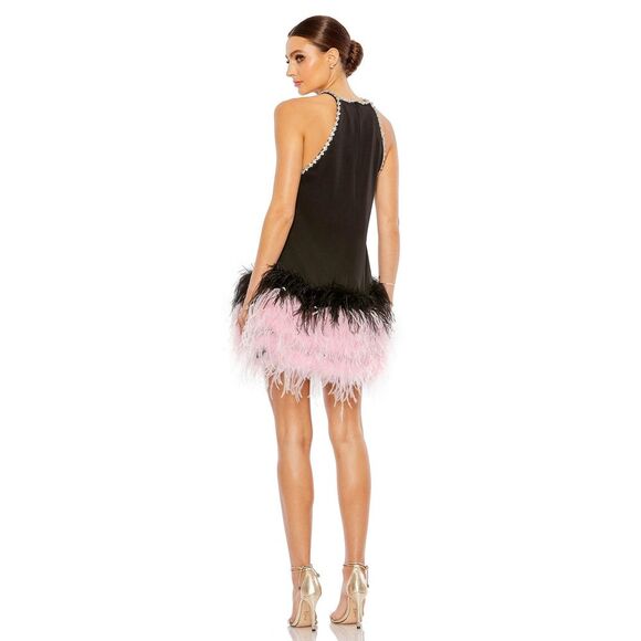 Mac Duggal NEW Rhinestone Trim Halter Neck Feather A-line Mini Dress $698 Size 8 - Picture 11 of 15